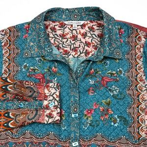 John Mark Tunic Small Mixed Floral‎ Art Print Roll-Tab Sleeve Blouse Patchwork